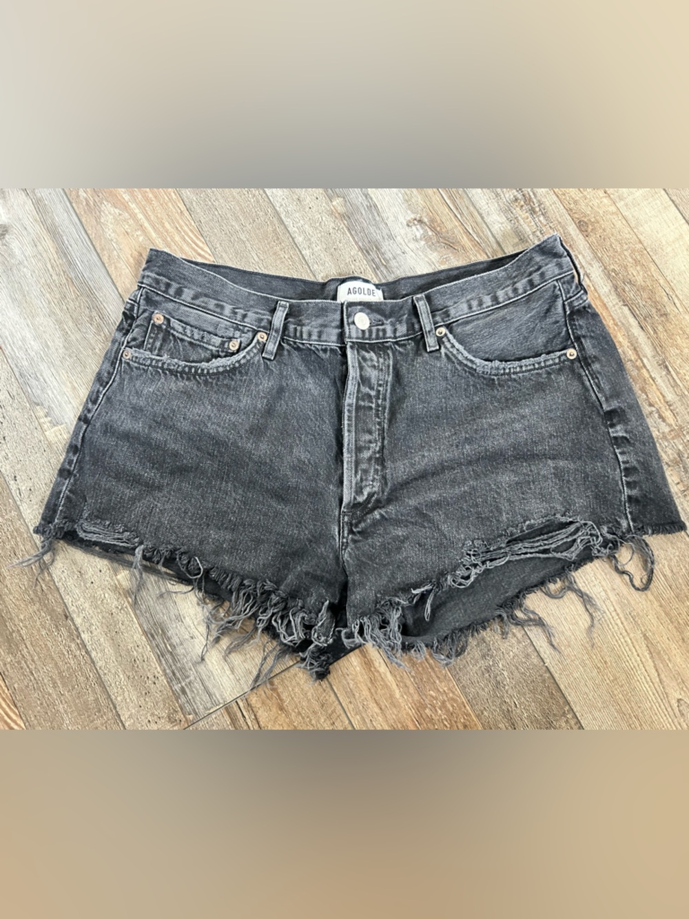 Agolde Washed Black Denim Parker Shorts with Frayed Hem